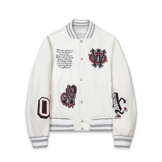 off white heavy embroidery rhinestone leather panel varsity jacket